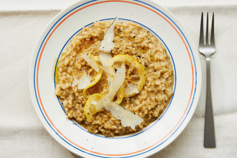 Cacio e pepe risotto with brown-butter lemons