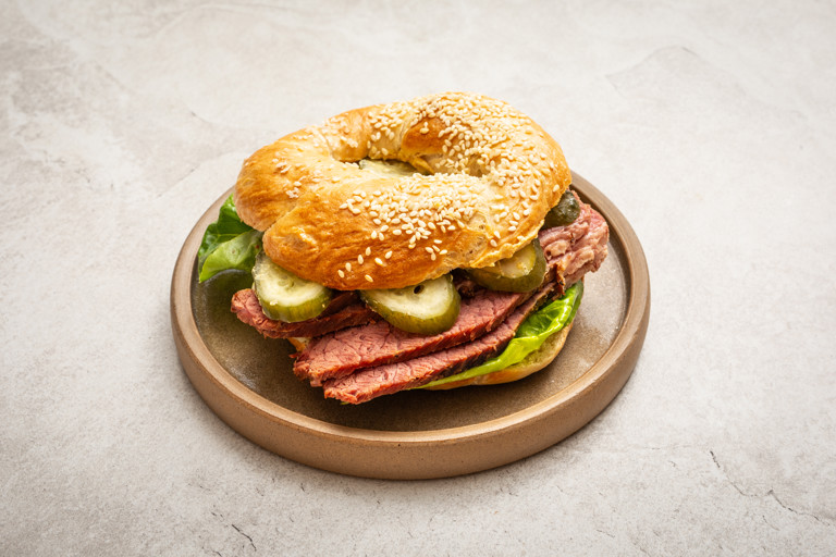 Obwarzanek krakowski (Kraków-style bagel) with salt beef brisket