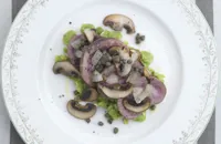 Lamb kidneys with crushed broad beans, lemon and capers