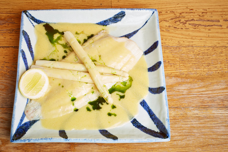 Dover Sole and white asparagus in miso butter