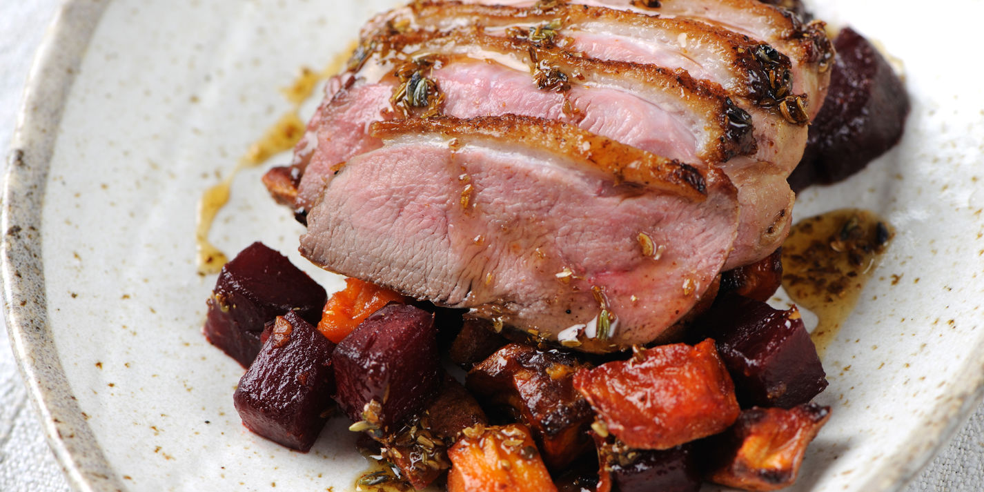 Duck Breast with Lavender, Beetroot and Sweet Potato, plated