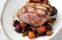 Duck breast with lavender, beetroot and sweet potato