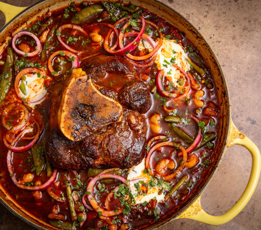 Beer-braised beef and white bean chilli with spring vegetables