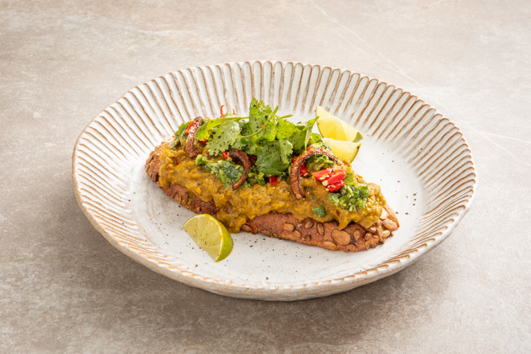 Autumn-spiced lentil dhal with crispy onions and pickled coriander