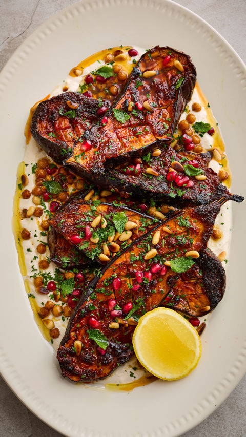 Harissa and honey glazed aubergine with tahini yoghurt and crispy chickpeas recipe reel