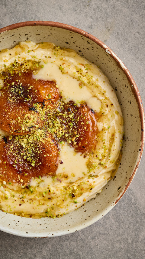 Caramelised apricots with tahini cream and pistachio crumb recipe reel