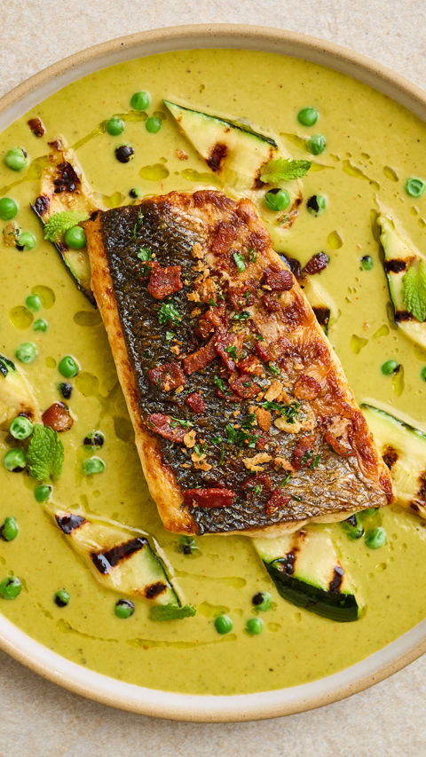Sea bass with smoky pea and mint sauce and grilled courgettes recipe reel