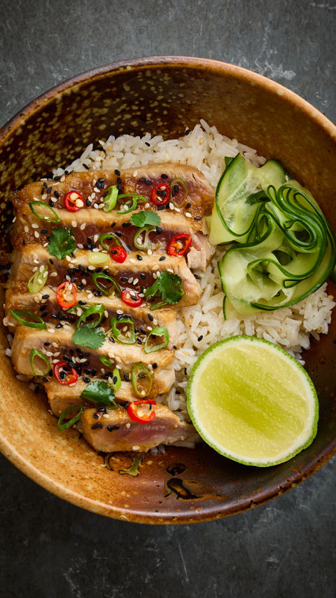 Tataki-style tuna poke bowl with ginger soy butter recipe reel